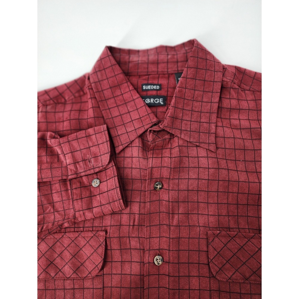 George Mens Sueded Long Sleeve Button Down Shirt Red Black Grid G47F L 42/44